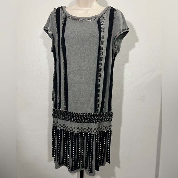 Jovani M145 Fringe Short Dress Cocktail crew neck grey and black size 14 dress - Picture 4 of 13